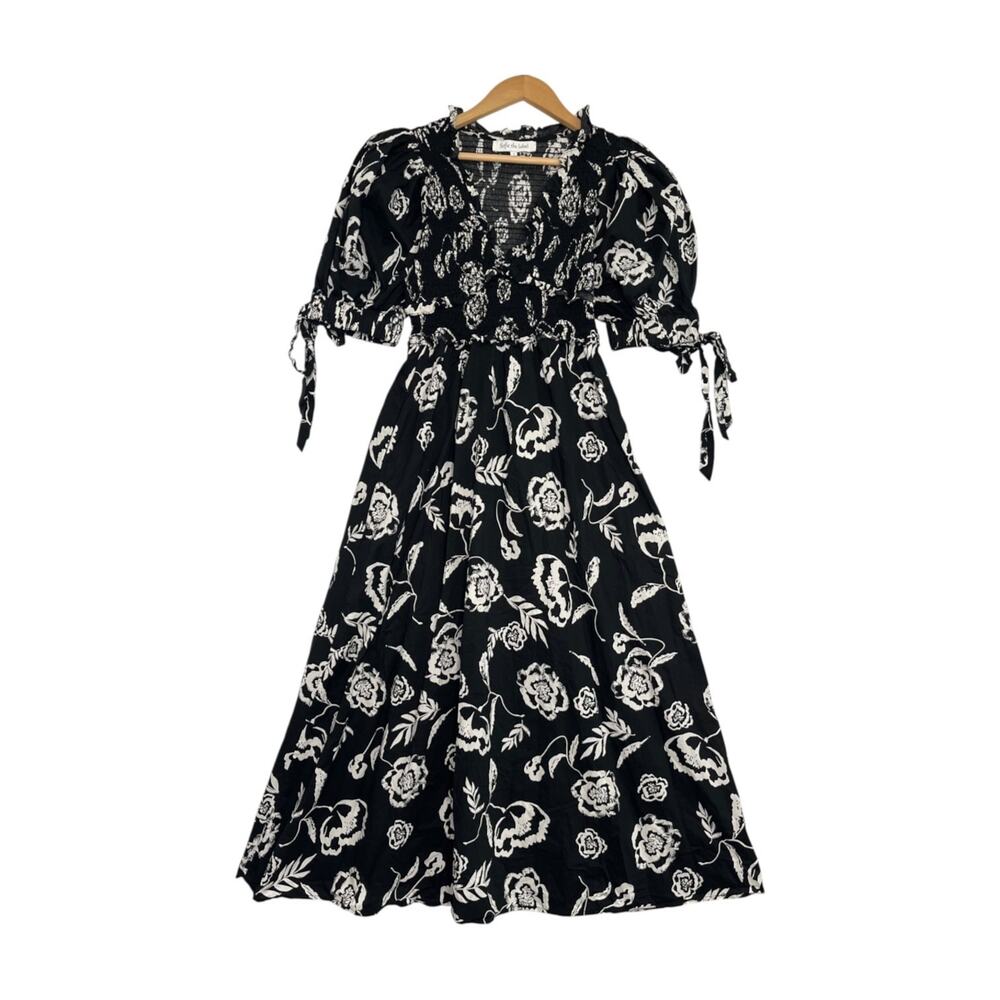 Sofie The Label Dress Womens Small Black Midi Floral Half Sleeve Smocked Boho